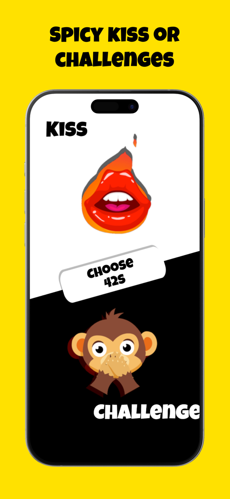 Kiss or Dare: Spicy - Kiss or Dare Spicyアプリの画面。猿と唇のアイコンで、キスまたはチャレンジモードのオプションが表示されています。