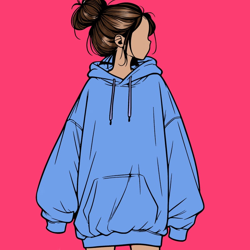 realistic girl with a oversized sweatshirt on and a bun