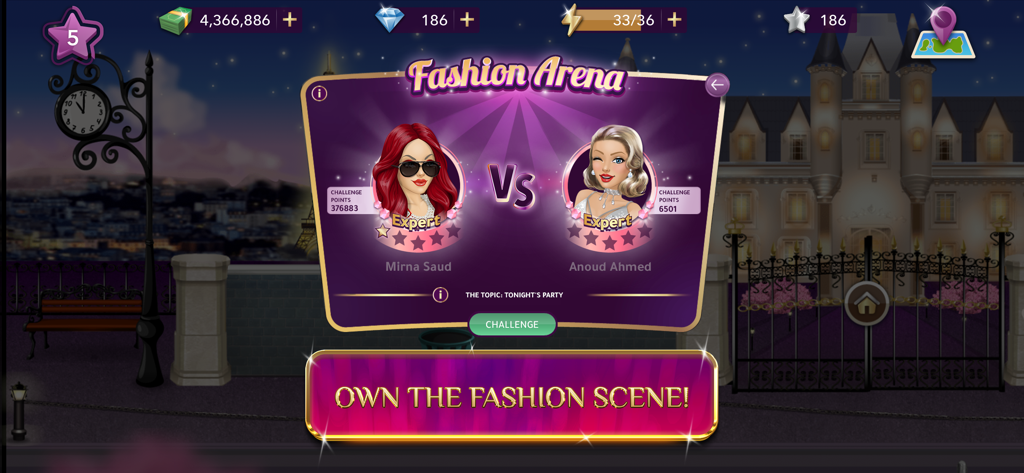 Fashion Queen: Dress Up & Glow - Two female avatars competing in a Fashion Arena duel within the Fashion Queen mobile game.