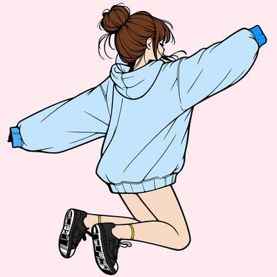 realistic girl jumping with a bun and oversized sweatshirt