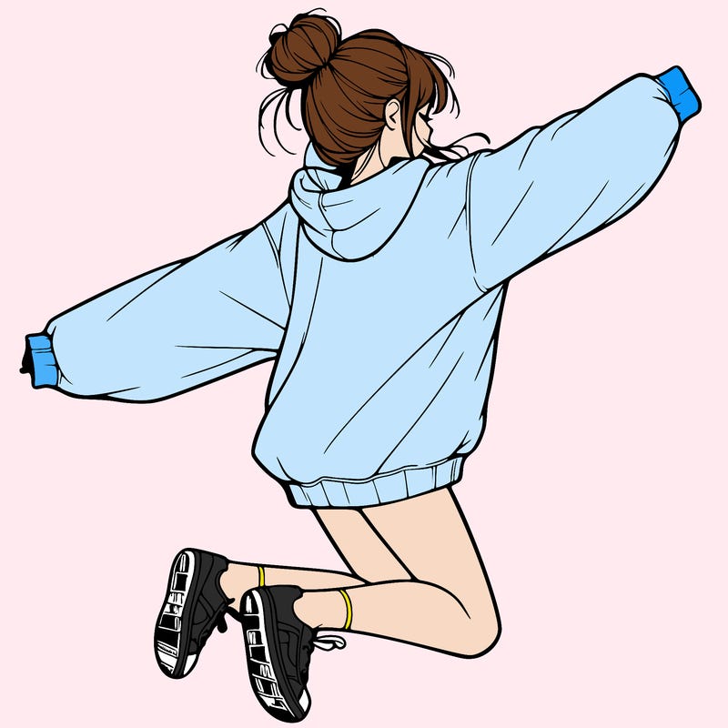 realistic girl jumping with a bun and oversized sweatshirt