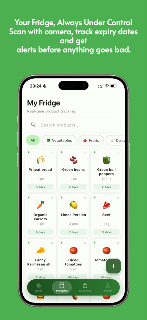 Fridgey: AI Recipe Planner - A mobile phone screen displaying the Fridgey app with a list of food items and their remaining shelf life in days