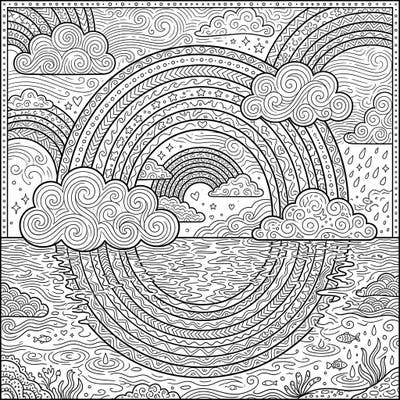 Unleash your creativity with this stunning reflection rainbows coloring page, designed especially for teens. Explore complex patterns and dreamlike reflections as you bring this magical scene to life.