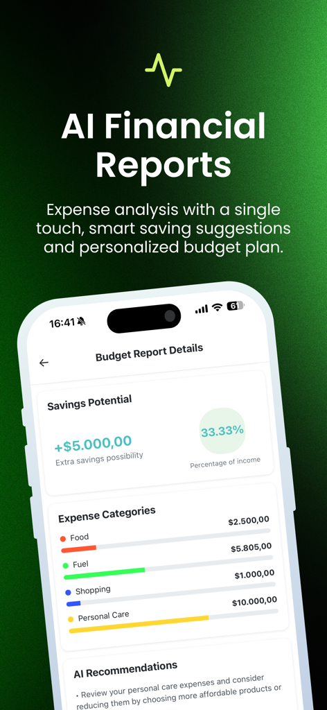 Screenshot der AIconomy-App, der KI-Finanzberichte mit Analyse des Sparpotenzials und kategorisierten Ausgaben zeigt