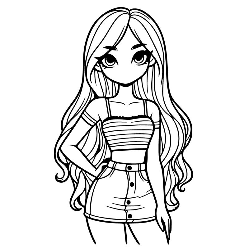 girl in crop top cute skirt and long hair