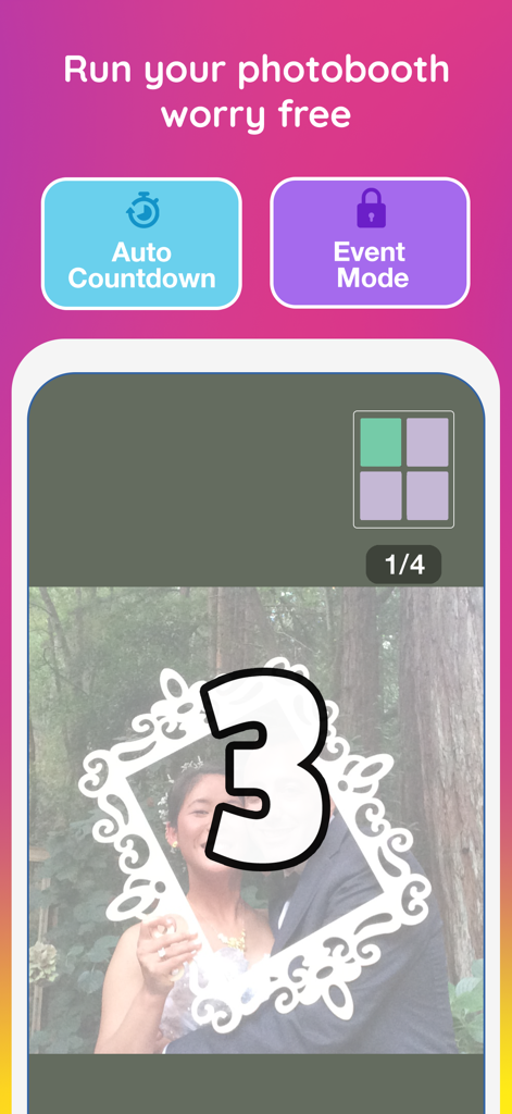 Mini Photobooth app interface showing auto countdown and event mode features