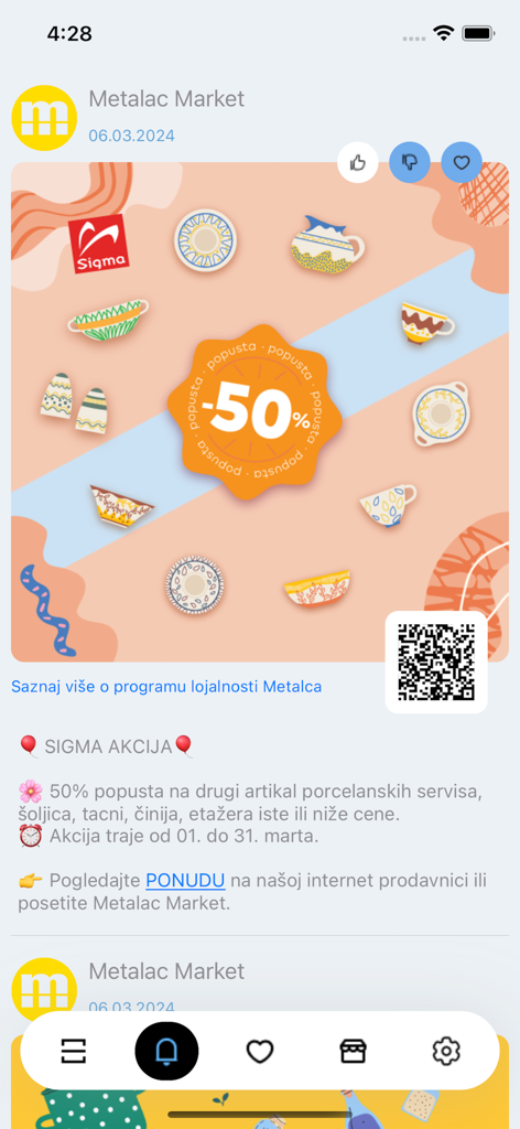 Digitalna Kartica 앱에서 Metalac Market 주방용품에 대한 50% 할인 프로모션 제안을 보여줍니다.