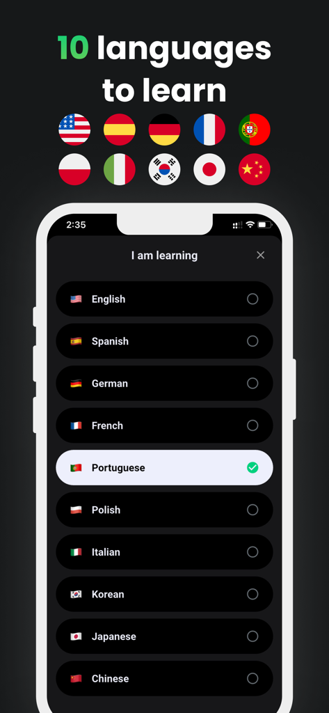 Speak English with Verbally AI - Mobile Bildschirm zeigt eine Liste von 10 Sprachen zum Erlernen, einschließlich Englisch, Spanisch und Portugiesisch in der Verbally AI-App