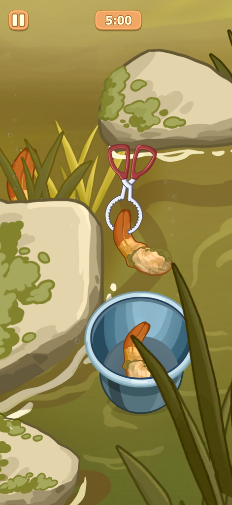Cozy 2D art showing a player collecting geoduck from a pond using tongs in Cookzii