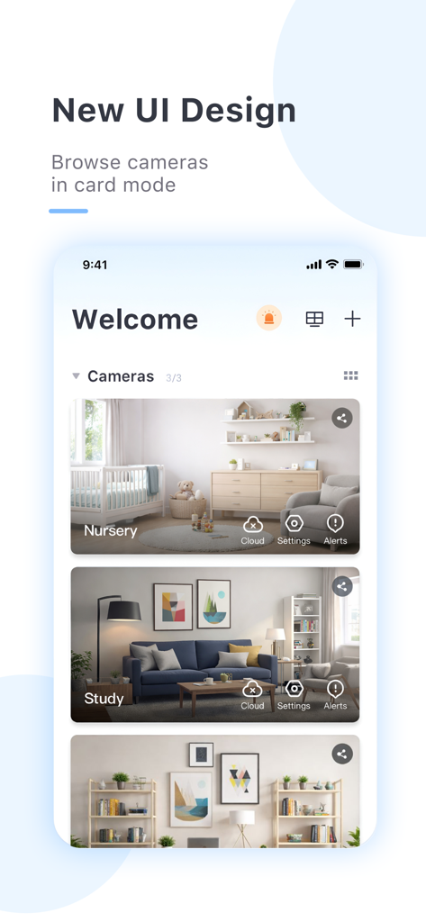 Écran d'accueil de l'application Yi iot plus avec des flux de caméras de sécurité en mode carte