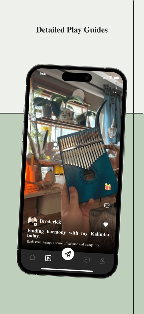 A smartphone displaying the CHIO app interface with a user sharing a photo of a blue kalimba and a caption about finding harmony.