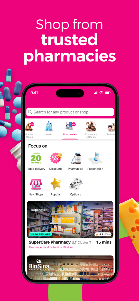 instashop: Groceries & more - InstaShop-App-Oberfläche zur Bestellung bei vertrauenswürdigen Apotheken mit schnellen Lieferoptionen