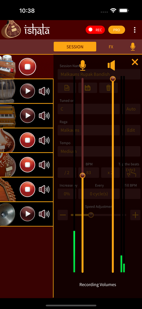 iShala - Interface de l'application iShala affichant les paramètres de session d'enregistrement et les commandes de volume pour la pratique de la musique classique indienne