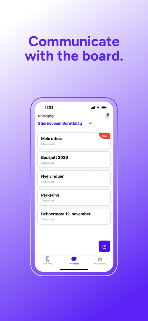 Solibo Home - Solibo Home app screen showing a messaging interface to communicate with the housing association board about topics like budget and parking