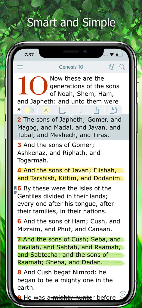 KJV Bible with Apocrypha. KJVA - Smartphone zeigt die KJV Bibel App mit hervorgehobenen Versen aus Genesis Kapitel zehn in einer übersichtlichen Leseoberfläche