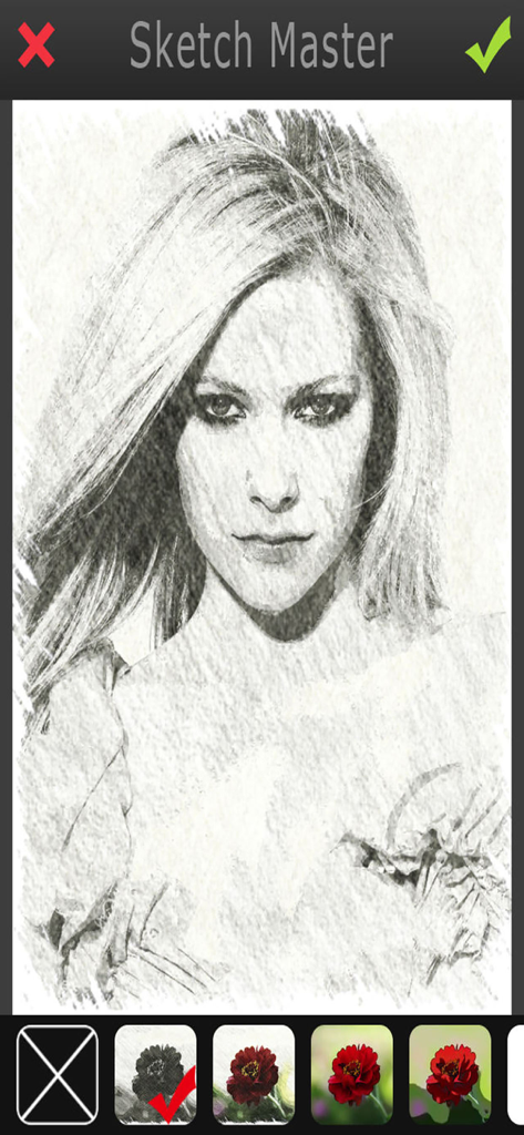 Retrato de una mujer con un filtro de boceto a lápiz en blanco y negro aplicado en la aplicación Sketch Master.