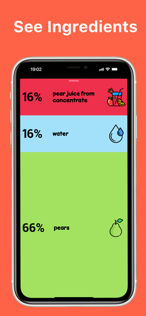 Nutri-Scan - Pantalla de la aplicación Nutri-Scan que muestra un desglose visual porcentual de los ingredientes de los alimentos utilizando íconos y codificación por colores.