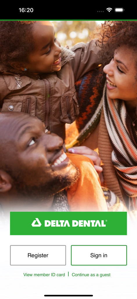 Delta Dental mobile app home screen with a happy family and login buttons