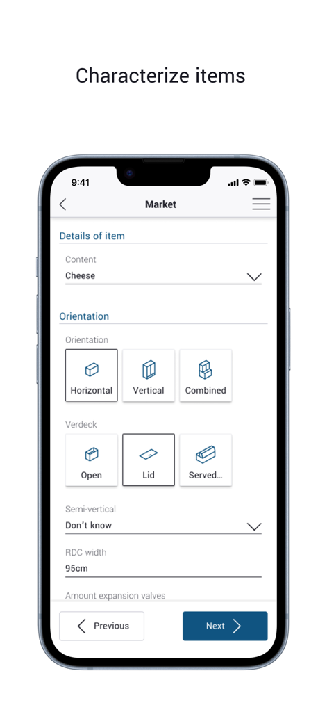 FieldAgent 3.0 - FieldAgent 3.0 app interface for characterizing technical equipment in a supermarket showing item details and orientation options