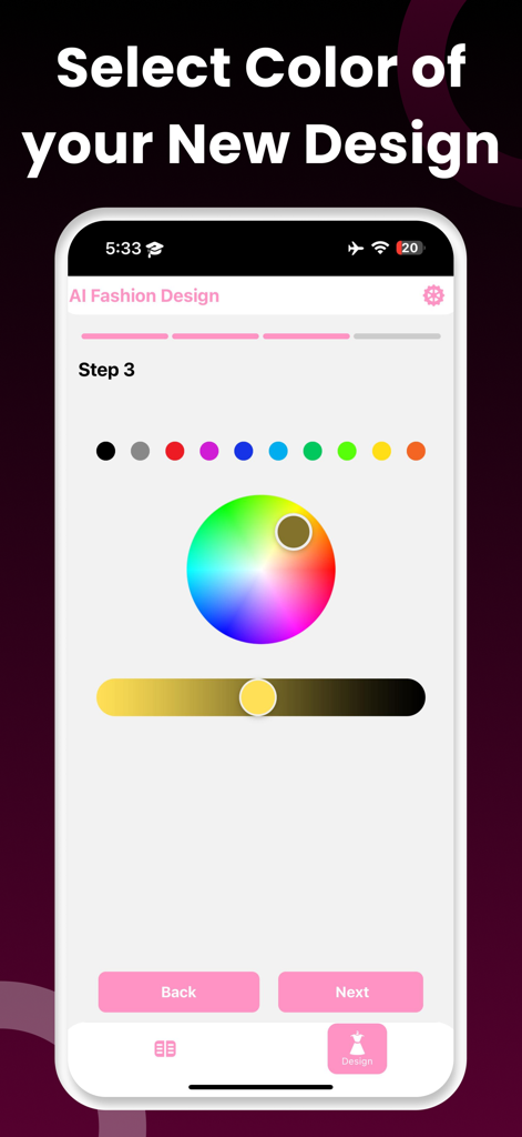 AI Fashion Design Outfit Maker - Color selection interface featuring a color wheel and preset colors in the AI Fashion Design app.
