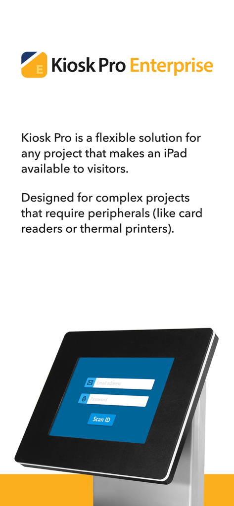 Tela introdutória para Kiosk Pro Enterprise mostrando um iPad em um invólucro seguro preto com uma interface de login