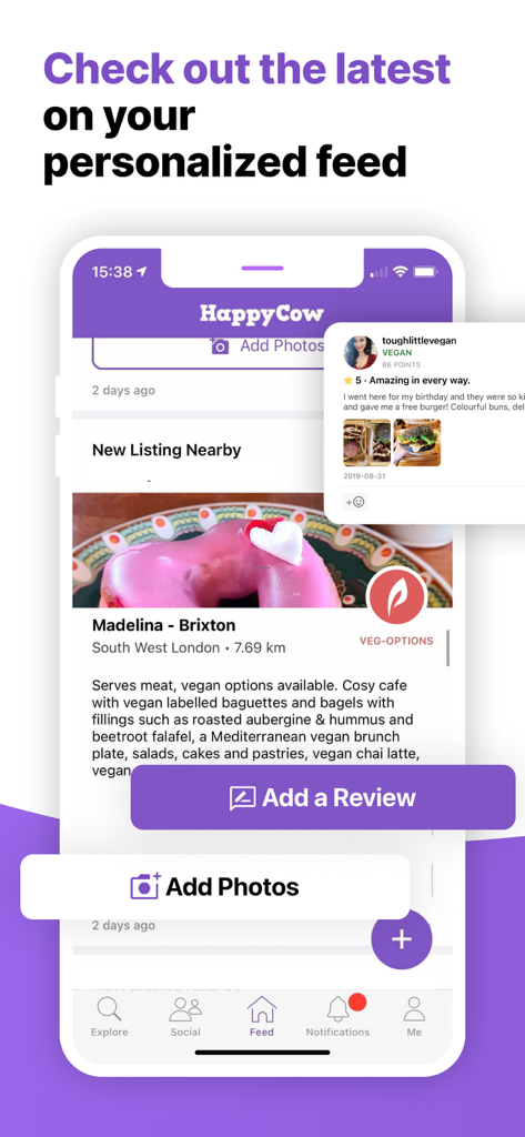 HappyCow - Vegan Food Near You - Personalized feed in the HappyCow app showcasing vegan restaurant listings and community reviews