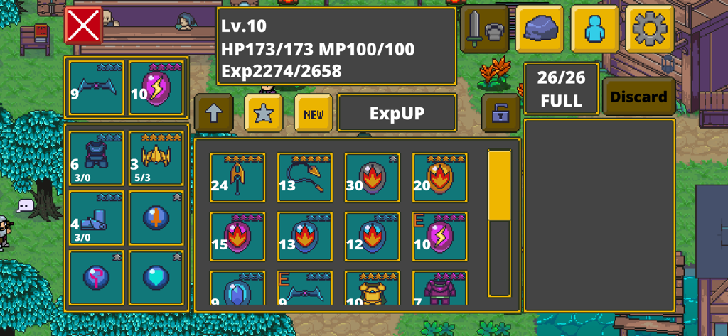 Labyrinth Legend - Inventory screen showing character levels and equipment in the game Labyrinth Legend