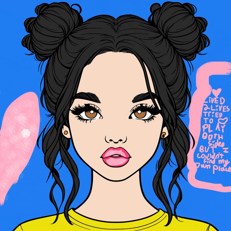 realistic girl with two buns in hair and lips
