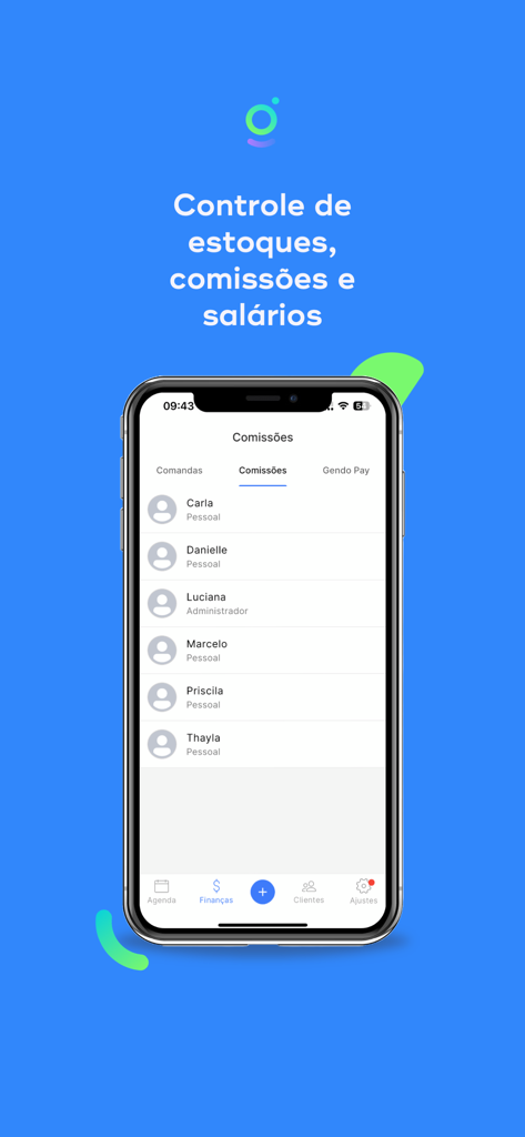 Interface do aplicativo Gendo Profissionais exibindo a tela de gerenciamento de comissões da equipe com uma lista de funcionários