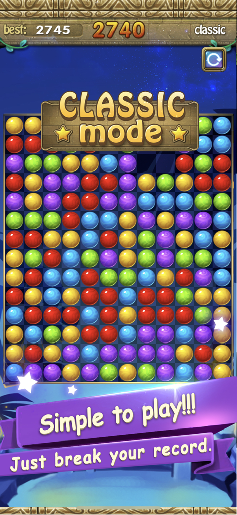 Tela de jogabilidade de Bubble Breaker mostrando esferas coloridas no modo clássico com indicadores de pontuação