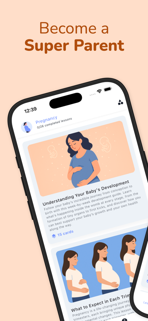 Parenting Leader: Parent Guide - La interfaz de la aplicación Líder en Crianza que muestra una guía de embarazo y lecciones de desarrollo infantil.