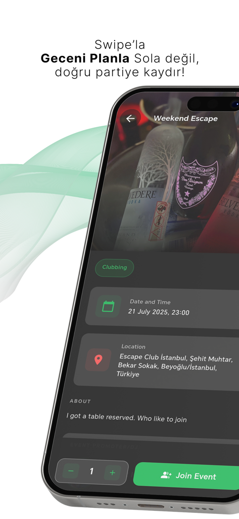 Tanışma, Arkadaşlık & Flört - A smartphone displaying an event page for a clubbing night on the Skoal dating app with date and location details