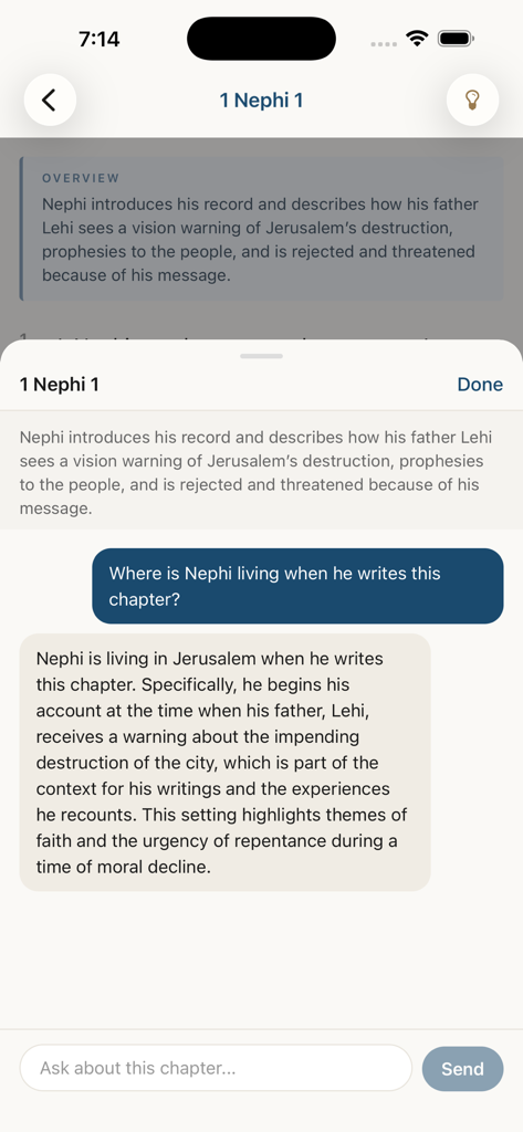 Plain English Book of Mormon - Chat interface in the Book of Mormon app providing a modern English explanation of the historical context for 1 Nephi 1.