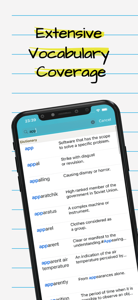 The English Dictionary Offline - A smartphone displaying a list of word definitions starting with app in the English Dictionary Offline app under the title Extensive Vocabulary Coverage.