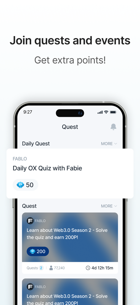 Screenshot of the FABLO app displaying daily quests and a quiz notification to earn reward points.