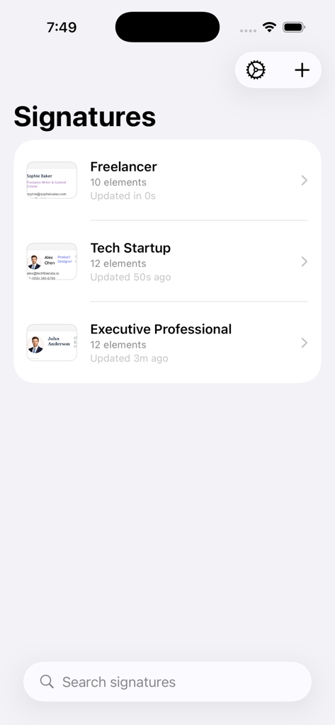Interface de l'application Signature Pro montrant une liste de signatures d'e-mail professionnelles enregistrées pour différents rôles professionnels