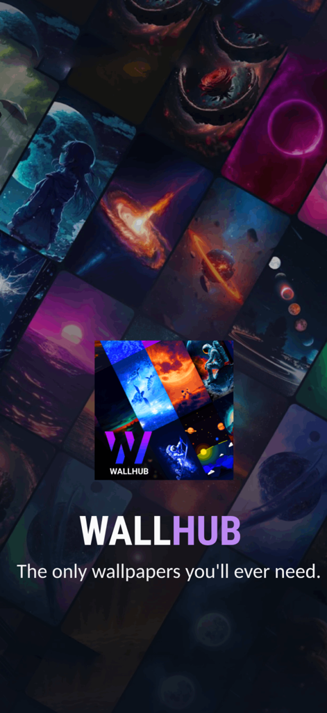 Wallhub Pro : FullHD Wallpaper - A collage of high quality wallpapers for iPhone featuring space and artistic themes with the Wallhub logo