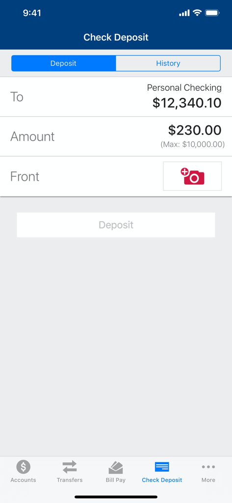 CBTx Mobile Banking - CBTx Mobile Banking app interface for check deposit showing amount entry and account selection