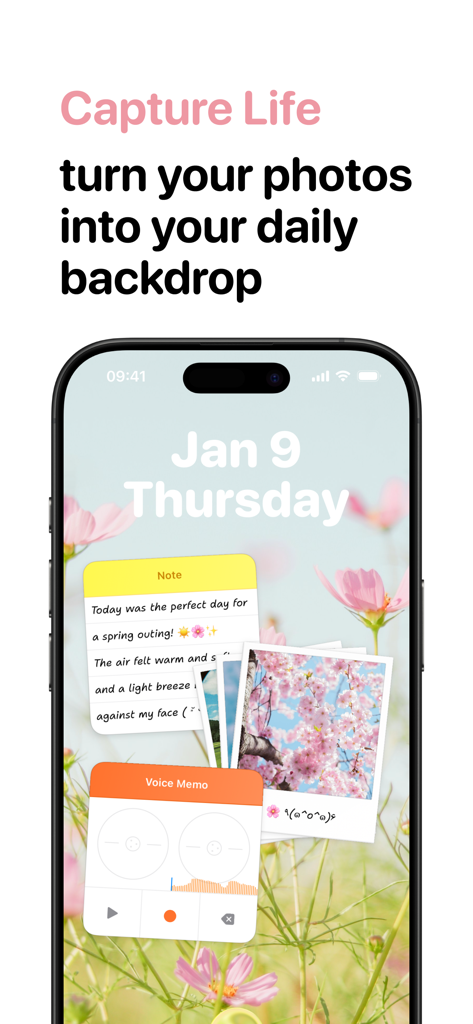 Ben Journal Digital Diary - Interfaz de diario digital con una nota, nota de voz y fotos tipo polaroid sobre un fondo floral.