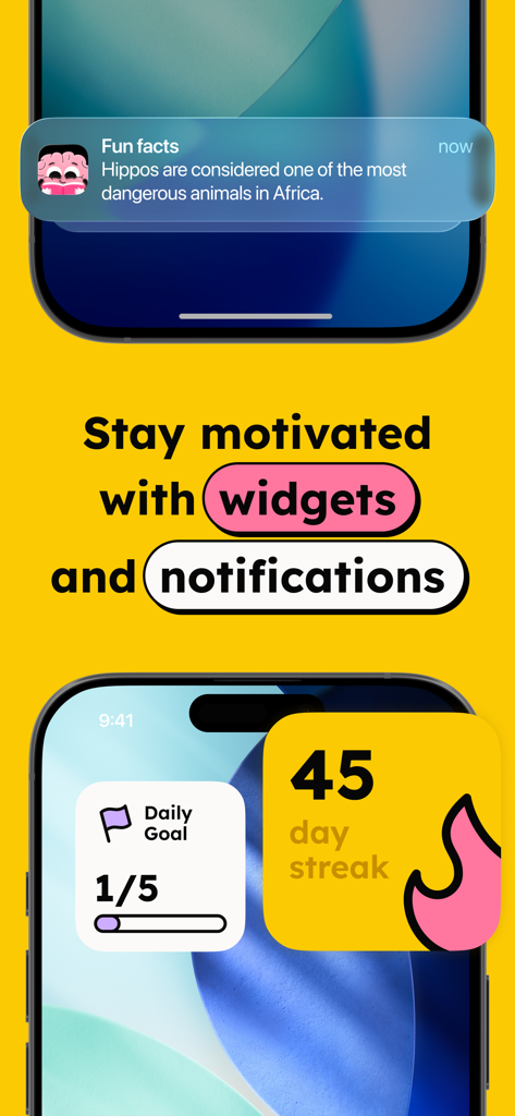 GenK app home screen widgets for daily goals and learning streaks alongside a trivia notification.