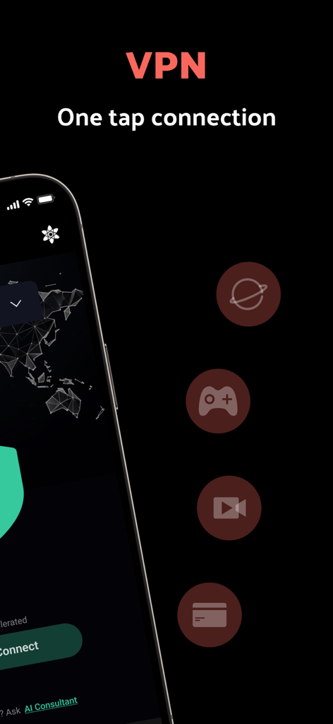 Super VPN Proxy - SuperVPN - Super VPN Proxy app interface showing a one tap connection for secure gaming streaming and web browsing