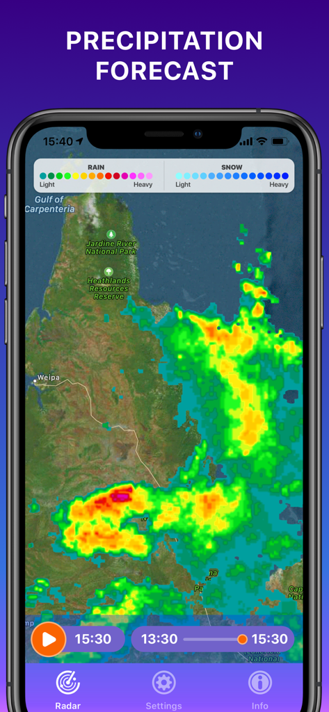 Rain Radar app showing a precipitation forecast on a mobile phone map