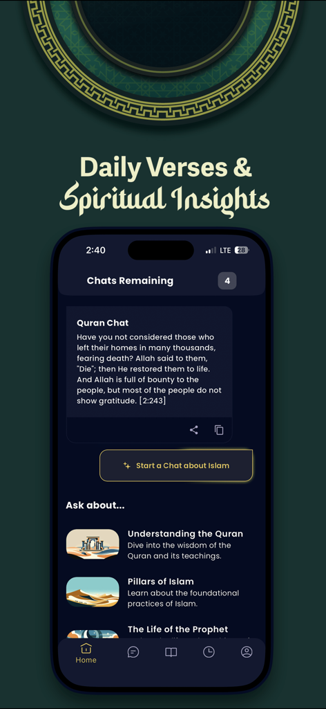 Quran Chat app screen showing daily verses and AI spiritual guidance options