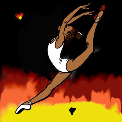 gymnast doing a leap in a leotard with a bent back leg