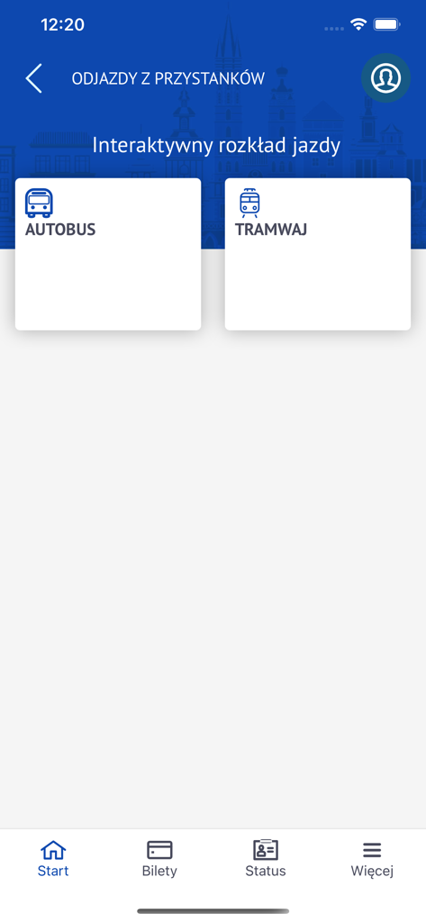 mobilna KKM - Interfaz de la aplicación Mobilna KKM mostrando selecciones interactivas del horario de autobuses y tranvías para el transporte público de la ciudad de Cracovia.