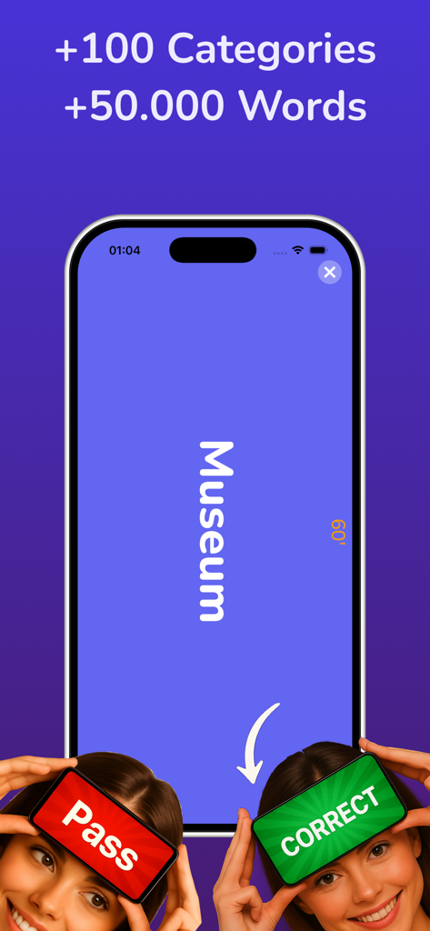 Charades: Headbands Party Game - A smartphone screen displaying the word Museum in the Charades Headbands party game.