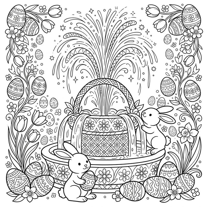 Dive into the festive spirit of Easter with this delightful coloring page featuring playful bunnies, intricately designed eggs, and a charming water fountain. Perfect for celebrating spring with a creative splash of color.