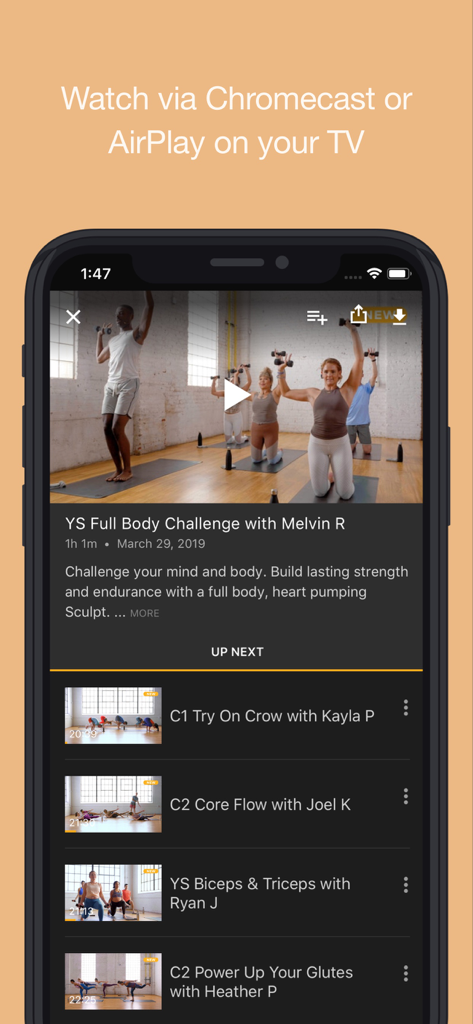 CorePower Yoga On Demand - CorePower Yoga app video player with options to stream to a TV via Chromecast or AirPlay