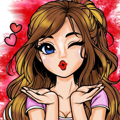 realistic girl winking and blowing a kiss while making heart hands