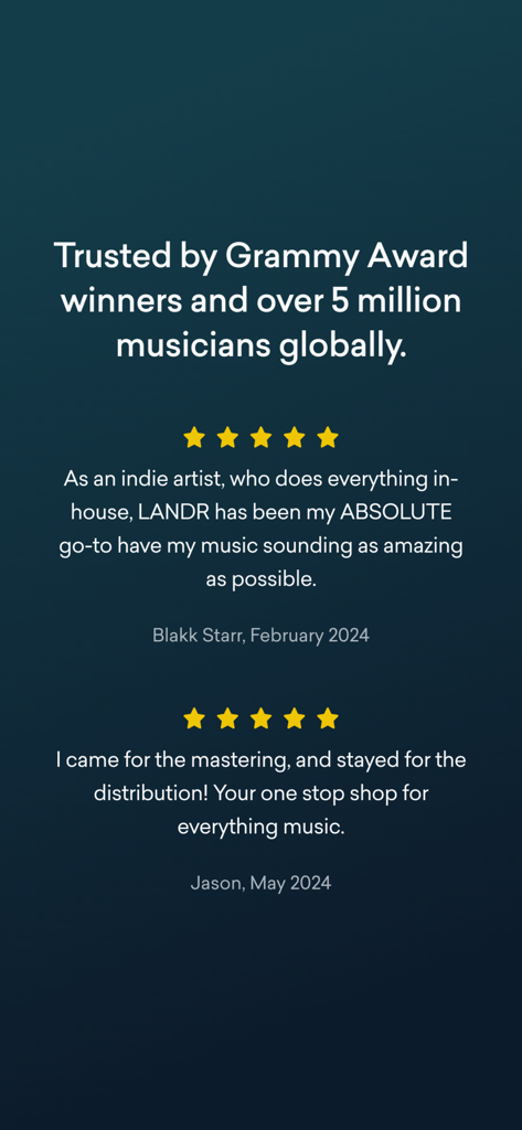 LANDR - For Music Makers - Avis et témoignages positifs des utilisateurs pour l'application de création musicale LANDR, soulignant ses fonctionnalités de mastering et de distribution.